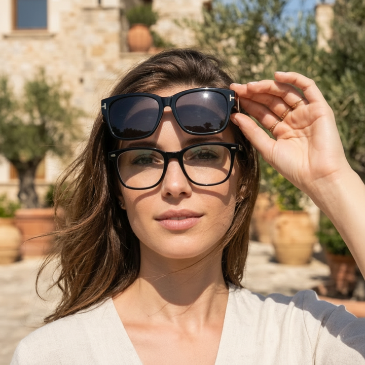 Kvinna lyfter SunFit solglasögon över sina vanliga glasögon