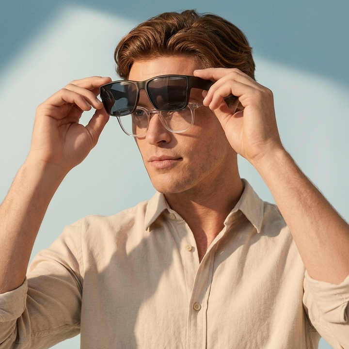Man sätter SunFit solglasögon utanpå sina vanliga glasögon