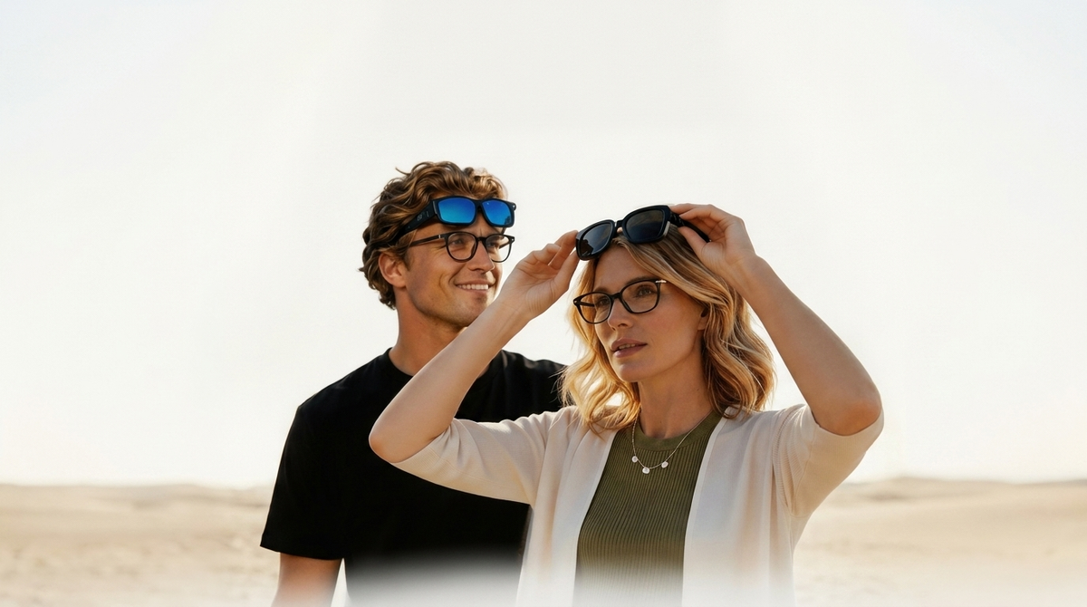 Ett par lyfter SunFit solglasögon över sina vanliga glasögon