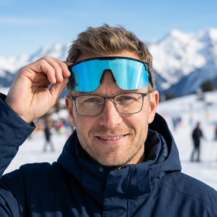 Man lyfter SunFit Sport-skölden över sina vanliga glasögon i skidbacken