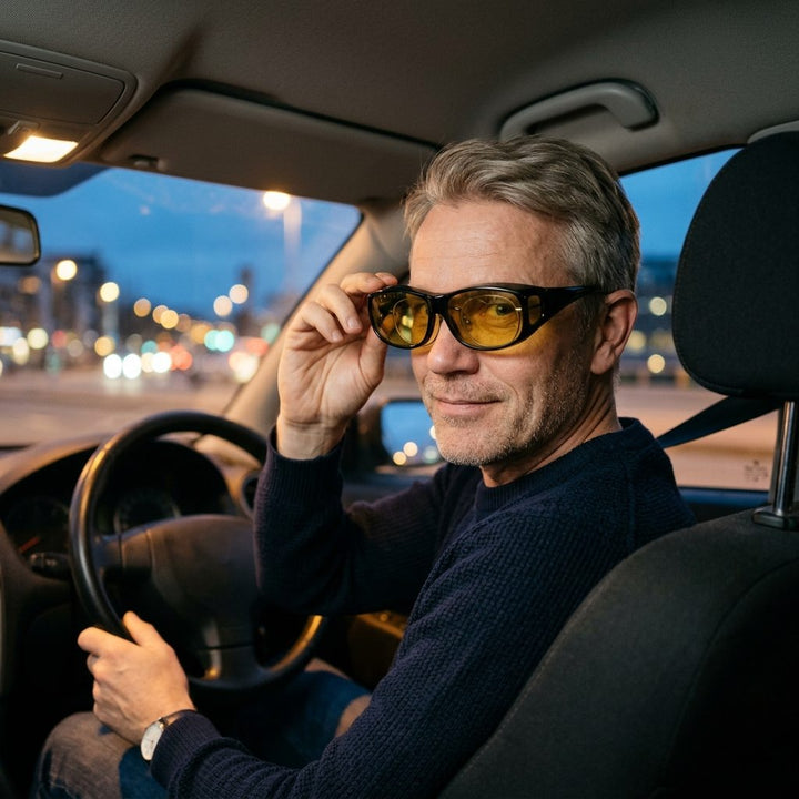 Man sätter gula SunFit Drive-glasögon utanpå sina egna glasögon i bilen