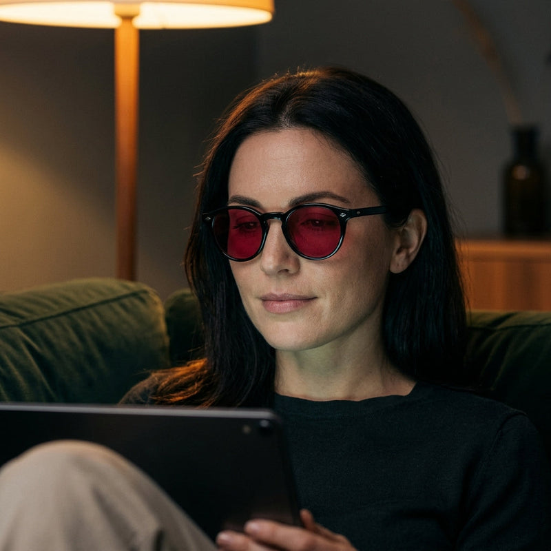 Kvinna med SunFit Smart Lens med röda glas i soffan på kvällen